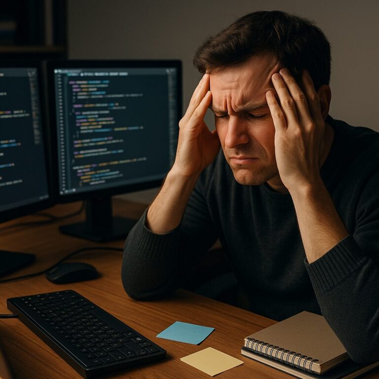 A man frustrated while developing Oxzep7 software