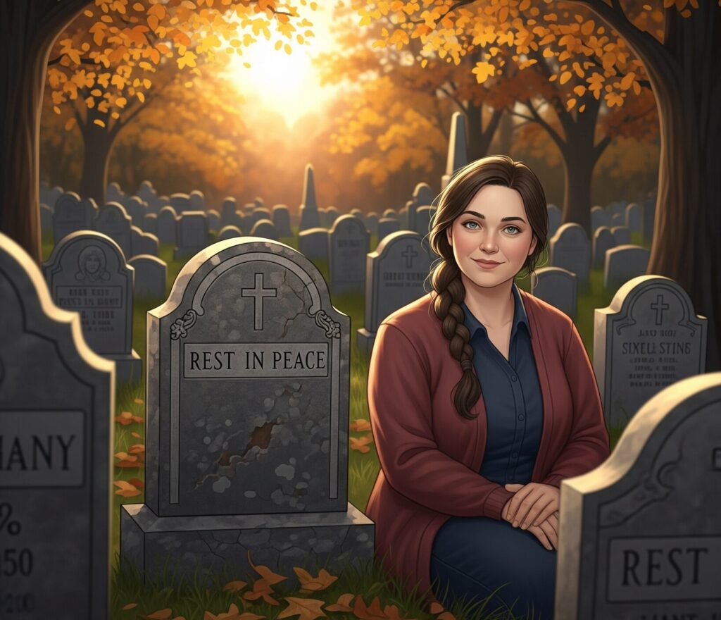 An image showing a woman with fear of tombstones