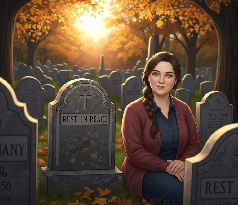 An image showing a woman with fear of tombstones