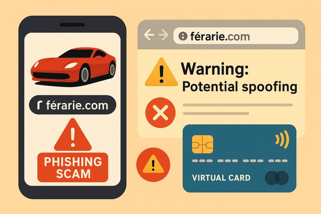 That’s not Ferrari. It’s férarie. And scammers are betting you won’t notice